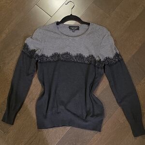 Laundry By Shelli Segal Gray and Black Lace Trim Sweater
